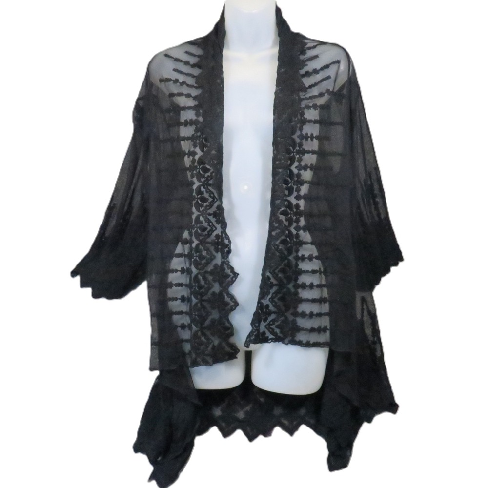 Sheer Lace Kimono Cardigan‎ M Black Open Front Boho Whimsigoth Witchy Dark Fairy